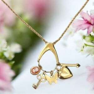 Vintage Charms Necklace Cameo Heart Butterfly Key Arrow Long Gold Chain Pendant